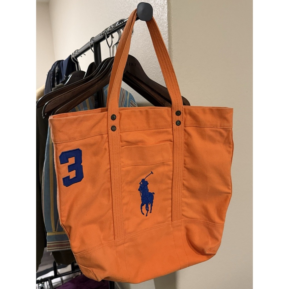 Polo Ralph Lauren Big Pony Canvas Tote Bag Orange Patch Zipper Embroidered Logo